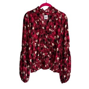 CABI Deep Red Floral Corsage‎ Sleeves V-Neck Ladies Blouse, M